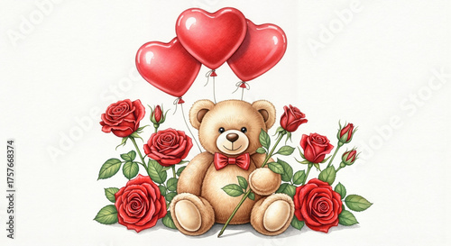 Teddy bear gift with red roses and heart balloons, romantic and realistic, watercolor illustration with fine paper texture and gentle color blending on white background
