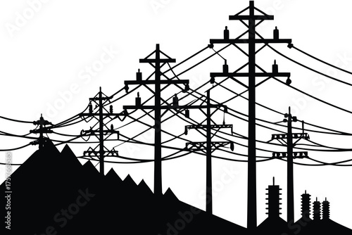 Silhouetted power lines and utility poles against a white background with distant hills and buildings