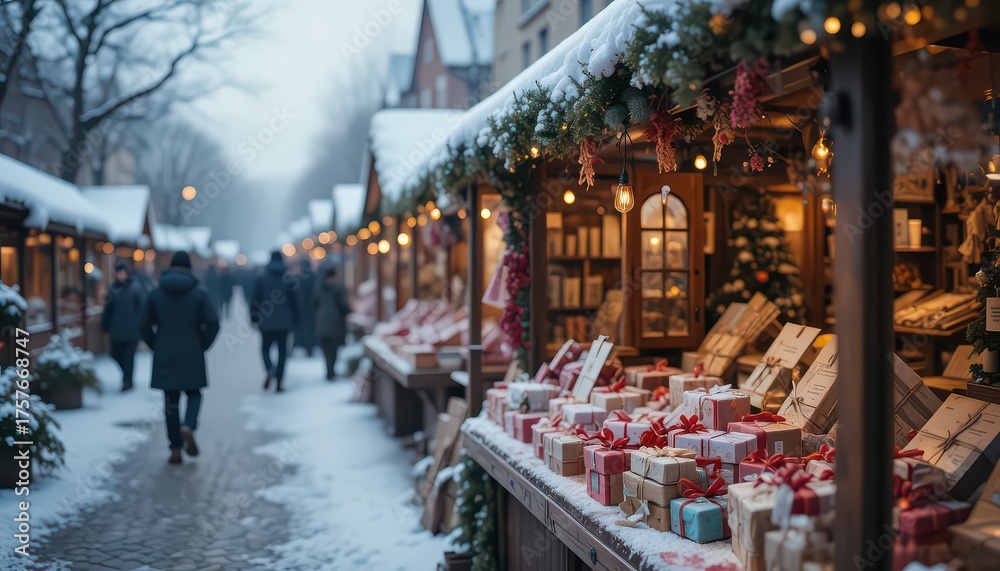 Naklejka premium Enchanting winter wonderland Christmas market brimming with festive gift boxes and warm glowing lights, creating a magical holiday atmosphere for shoppers.