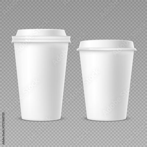 Realistic 3d White Paper coffee cup with plastic lid mockup set isolated on light background.