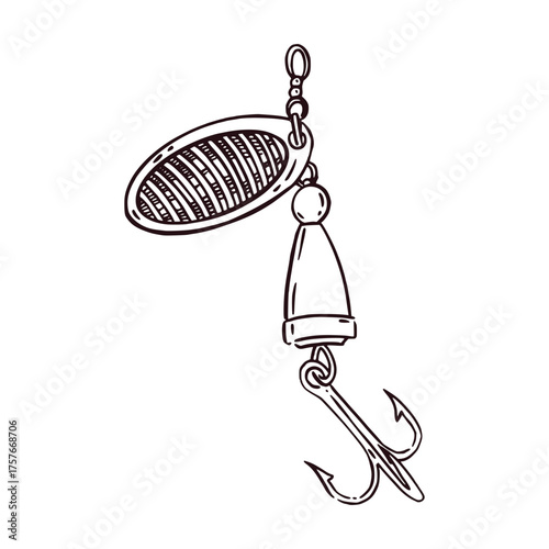 Shiny, a fishing lure hand-drawn in ink and translated into a vector. The illustration is suitable for printing on the packaging of fishing products, store design, fish products.