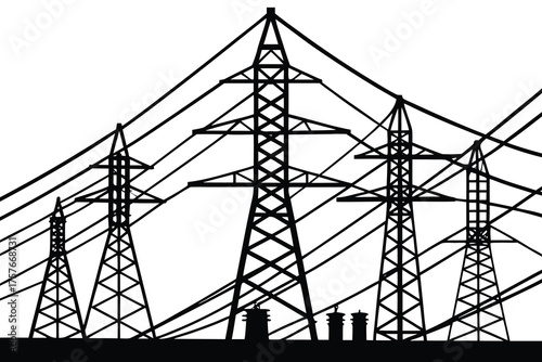 Silhouette of multiple high voltage electricity pylons and power lines against a bright white sky