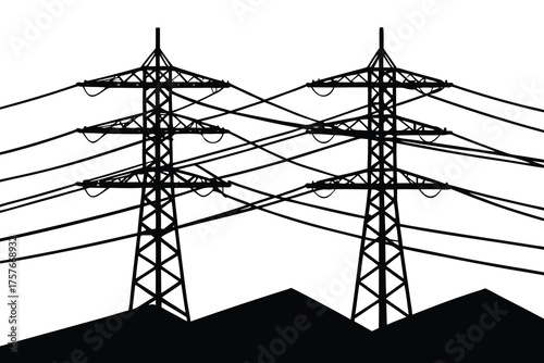 Two tall industrial electricity pylons with many power lines against a white background with dark ground