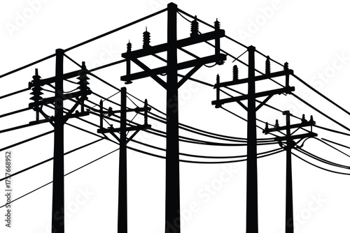 Silhouetted power lines and utility poles against a stark white background creating a graphic abstract design