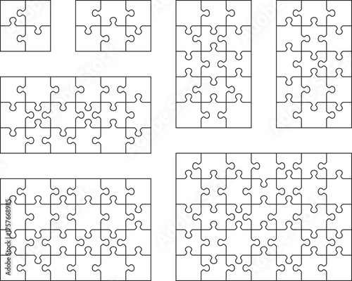 Illustration of seven white puzzles, separate parts	
