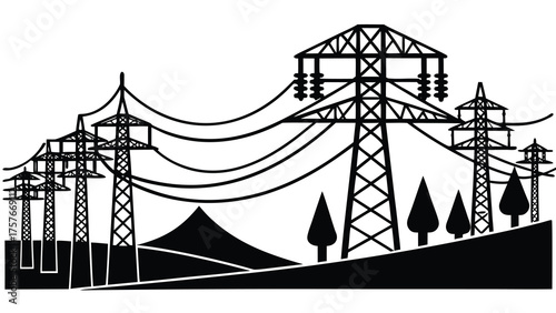 Black and white illustration of a landscape with power lines and transmission towers against a white background