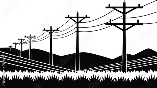 A row of electricity poles with power lines stretching across a hilly landscape with grass in the foreground