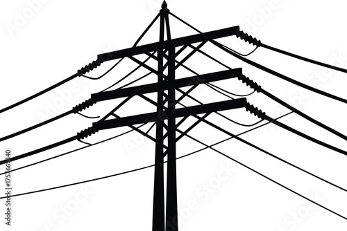 Silhouette of a wooden utility pole with multiple power lines against a stark white background