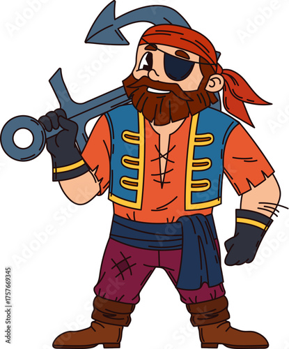 Strong corsair pirate cartoon cute character. Pirate bandit funny personage, corsair sailor happy vector mascot. Captain cute character wearing bandana and eye patch, holding ship heavy metal anchor