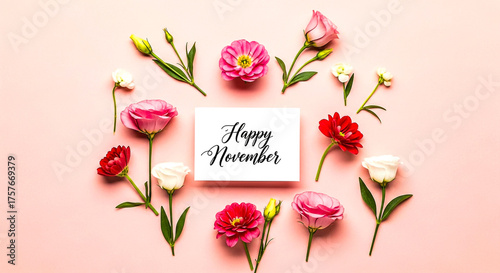 A cheerful November greeting card featuring pink flowers and a handwritten 'Happy November' message on a white backdrop.