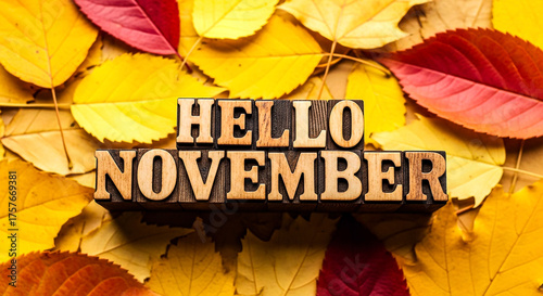 Colorful autumn leaves with 'Hello November' text, perfect for fall-themed greetings, cards, and seasonal decorations. Warm and inviting.