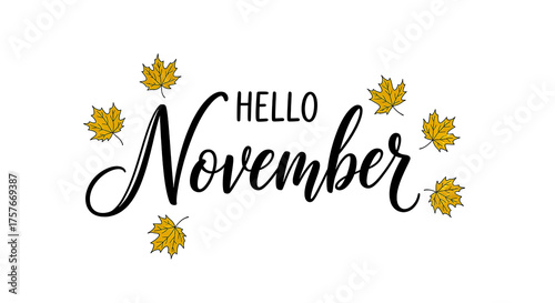 A cheerful 'Hello November' greeting with stylized cursive text and scattered yellow autumn leaves, perfect for fall celebrations.