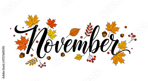 A November-themed graphic featuring autumn leaves and elegant cursive text, perfect for fall celebrations and events. 150 chars.