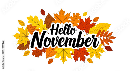 A cheerful 'Hello November' greeting surrounded by autumn leaves in yellow, orange, and red, perfect for seasonal celebrations.