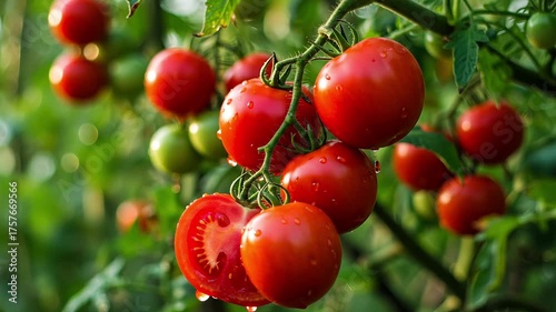 Fresh ripe red tomatoes growing on vine in garden  