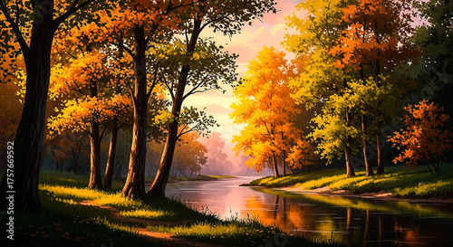 A tranquil autumn forest scene featuring a calm river surrounded by trees with golden and orange leaves, bathed in soft sunlight.