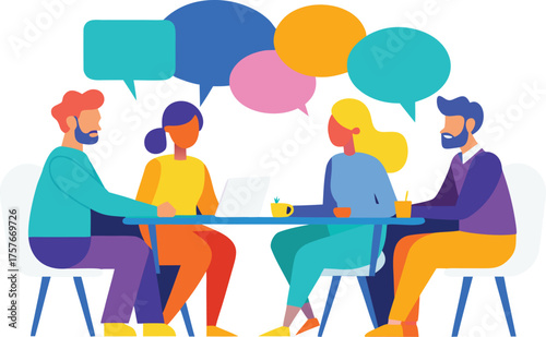 Diverse group of people sitting around a table in a meeting with colorful speech bubbles above them on illustration