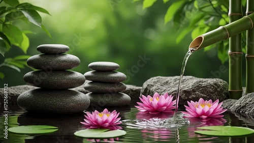 Tranquil pond with lotus flowers and stacked stones in greenery  