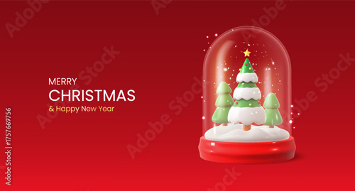 Christmas and New Year banner with a snow globe and Christmas trees on a red background. Realistic 3D Xmas magic transparent dome.