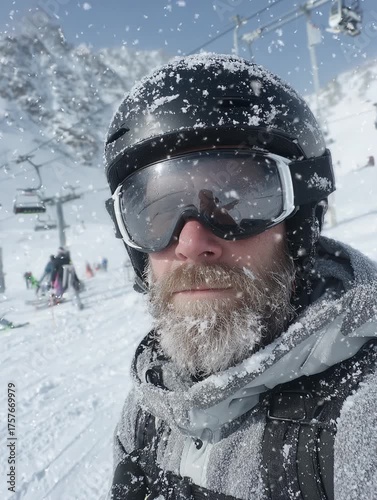Male skier with beard smiling in snowy mountain landscape  