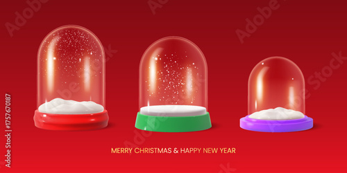 3d realistic empty xmas crystal snow globe set. New Year's decoration isolated on red background.