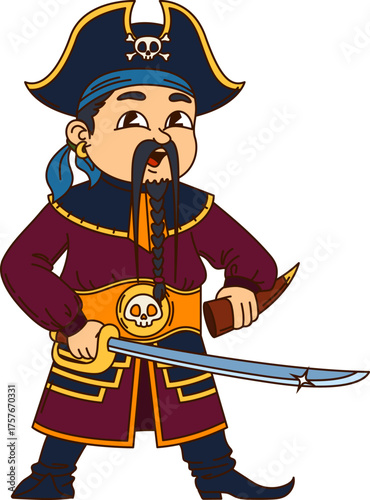 Asian cartoon pirate and corsair character in captain clothing, holding sword with a confident expression. Isolated vector groovy filibuster personage wearing a tricorn hat with a skull emblem