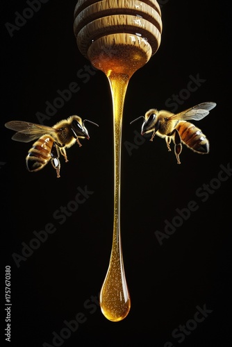 Golden stream of honey dripping from wooden dipper with two realistic bees hovering on black background, macro food concept, natural sweetness, beekeeping theme, copy space for branding, advertising