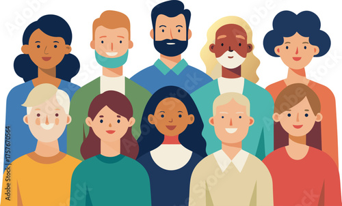A illustration Diverse group of people standing together with different ethnicities and ages in a flat on illustration style 