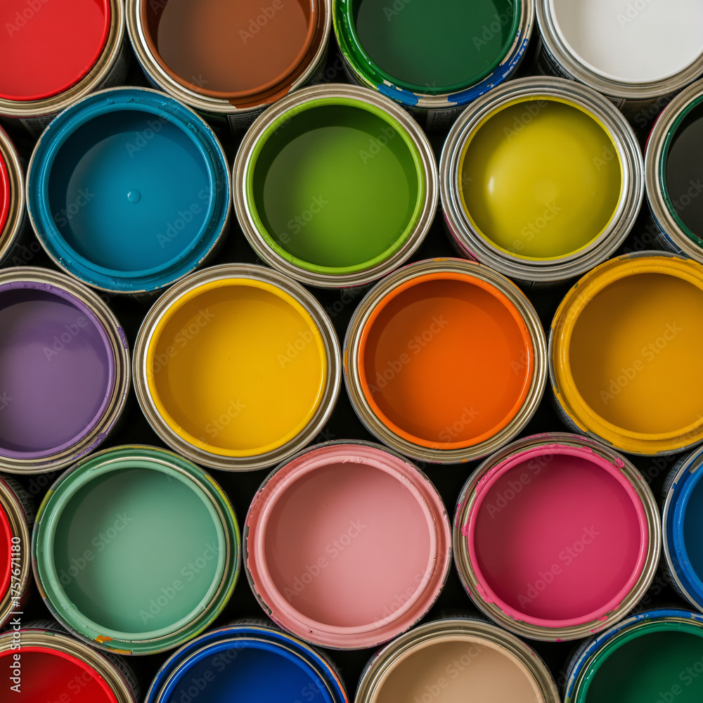 Fototapeta premium Colorful Paint Cans Close-Up | Top View of Assorted Bright Paints for Art, Design, Renovation and Creative Projects