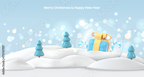 Merry Christmas background. New Year banner with snowdrifts, christmas trees, transparent snow globe and gift on background bright blue bokeh lights