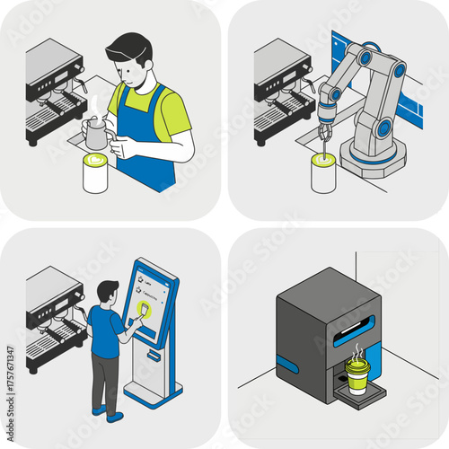 The evolution of the coffee shop: from barista to robot. Barista manual labor is being replaced by terminals and robots. Set of 4 images.