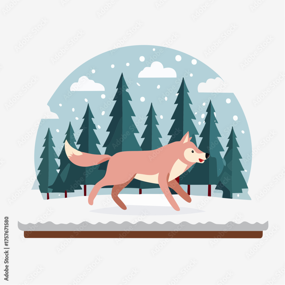 Naklejka premium Fox running in snowy forest landscape