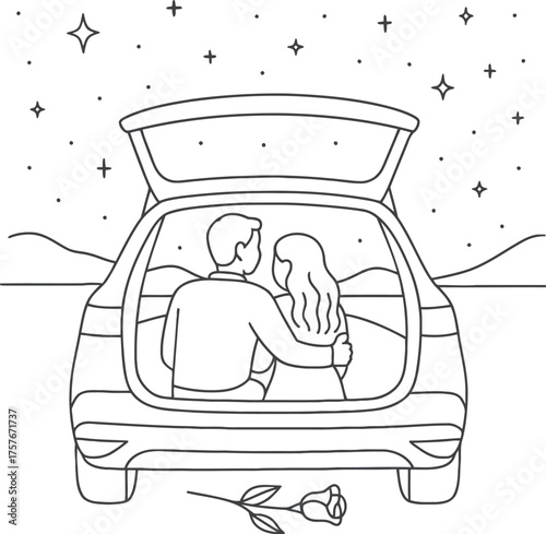 Couple in car watching stars on a romantic road trip outline design