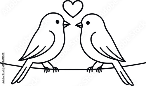 Two lovebirds perched on a wire with a heart symbolizing romance