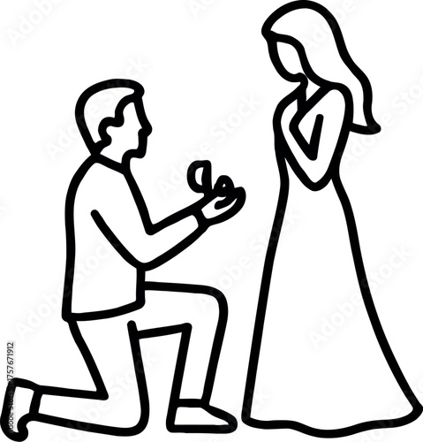 Romantic man kneeling with ring proposing to partner outline design