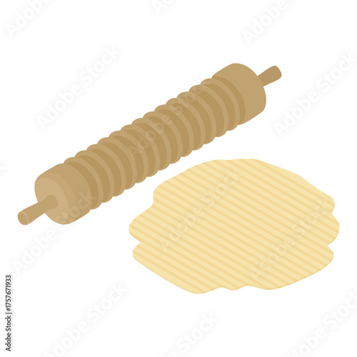 Norwegian traditional soft flatbread with rolling pin - hand drawn isometric vector illustration.