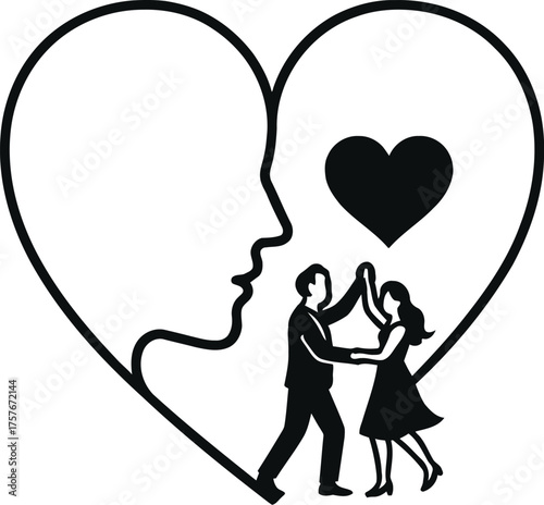 Two faces merging into a single heart silhouette with elegant line fusion art