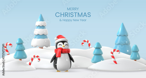 Merry Christmas background with cute penguin, candy cane, christmas trees and snowdrifts. Bright winter festive composition