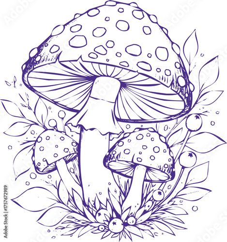 Purple Outline Drawing of Three Spotted Mushrooms with Leaves and Berries fungi toadstool
