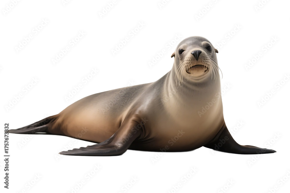 Obraz premium A sea lion is lying on the ground with a relaxed posture, showing its teeth, belonging to marine wildlife.