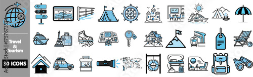 Collection of travel and tourism icons in a blue and gray color scheme, representing various activities.