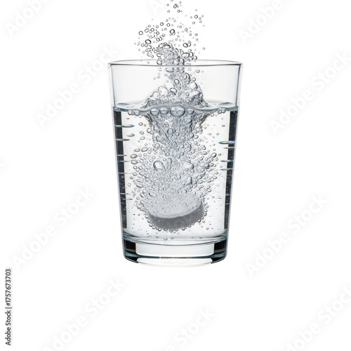 Effervescent tablet dissolving in glass of water dynamic chemical reaction macro shot