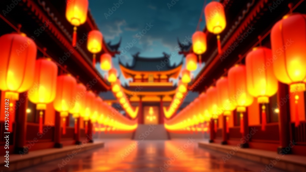 Obraz premium Chinese temple courtyard lit by red lanterns