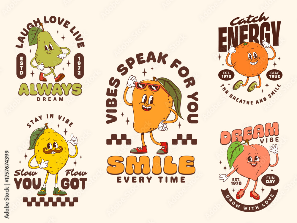 Fototapeta premium Funny fruit groovy characters stickers and t shirt prints. Vector cute cartoon pear, lemon, orange, peach and mango y2k personages in sneakers spreading fun positive vibes in with motivational phrases