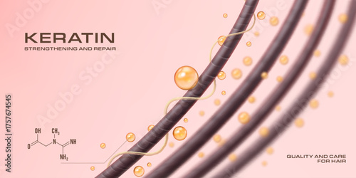 Shampoo keratin repair and hair roots. Molecule of oil protect and care hair follicle health, serum for scalp and skin great solution for damage hair. Luxury elegant banner with keratin formula