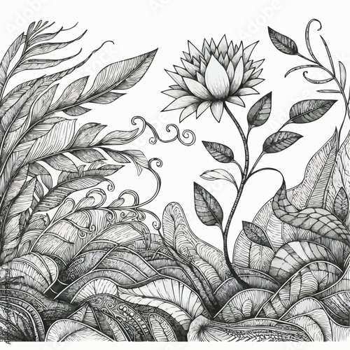 Vector illustration of a beautiful lotus flower surrounded by detailed botanical leaves in monochrome