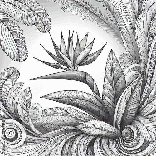 Vector illustration of a stylized bird of paradise flower surrounded by detailed leaves in monochrome