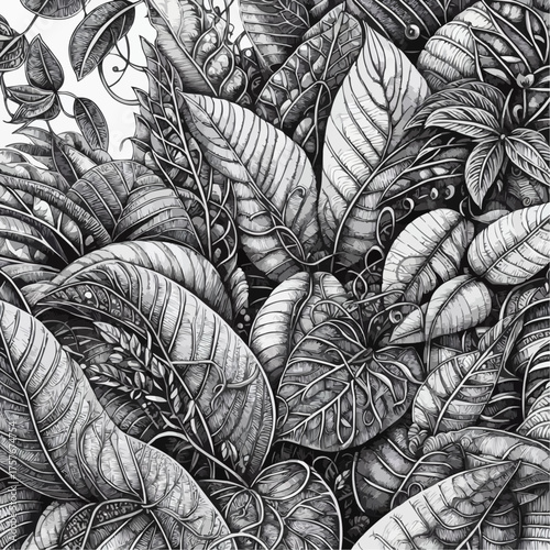 Vector illustration of intricate botanical leaves in a detailed monochrome design