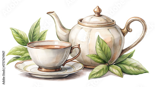 Watercolor illustration of a teapot and cup of tea isolated on transparent background, vintage style