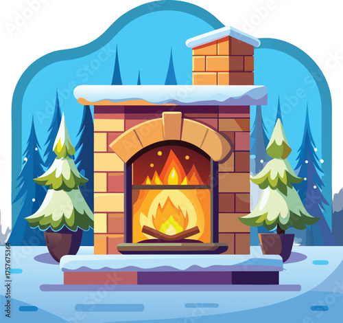 Cozy warm fireplace illustration in a snowy home interior isolated on transparent background isolated on white background